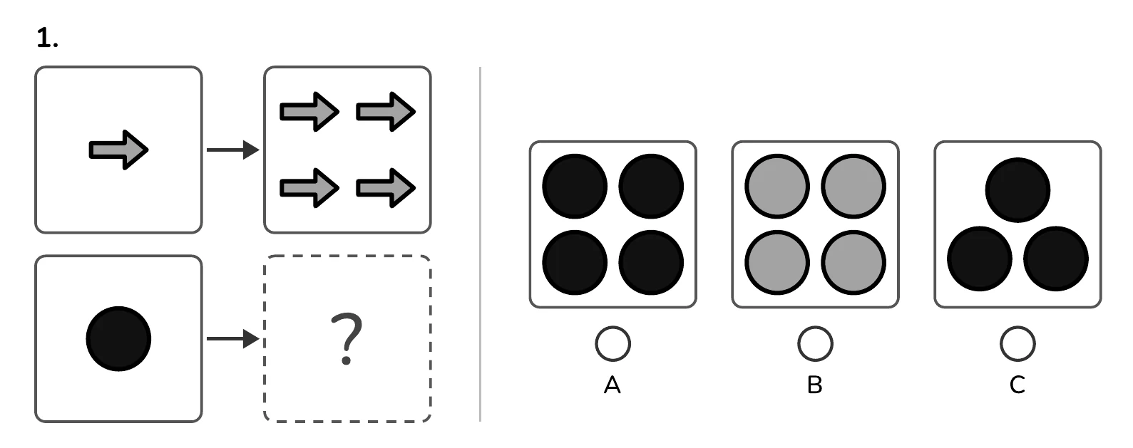 Figure Matrices, question 1. Top row: one grey arrow becomes four grey arrows. Bottom row: one black circle becomes what? A: four black circles. B: four grey circles. C: three black circles.
